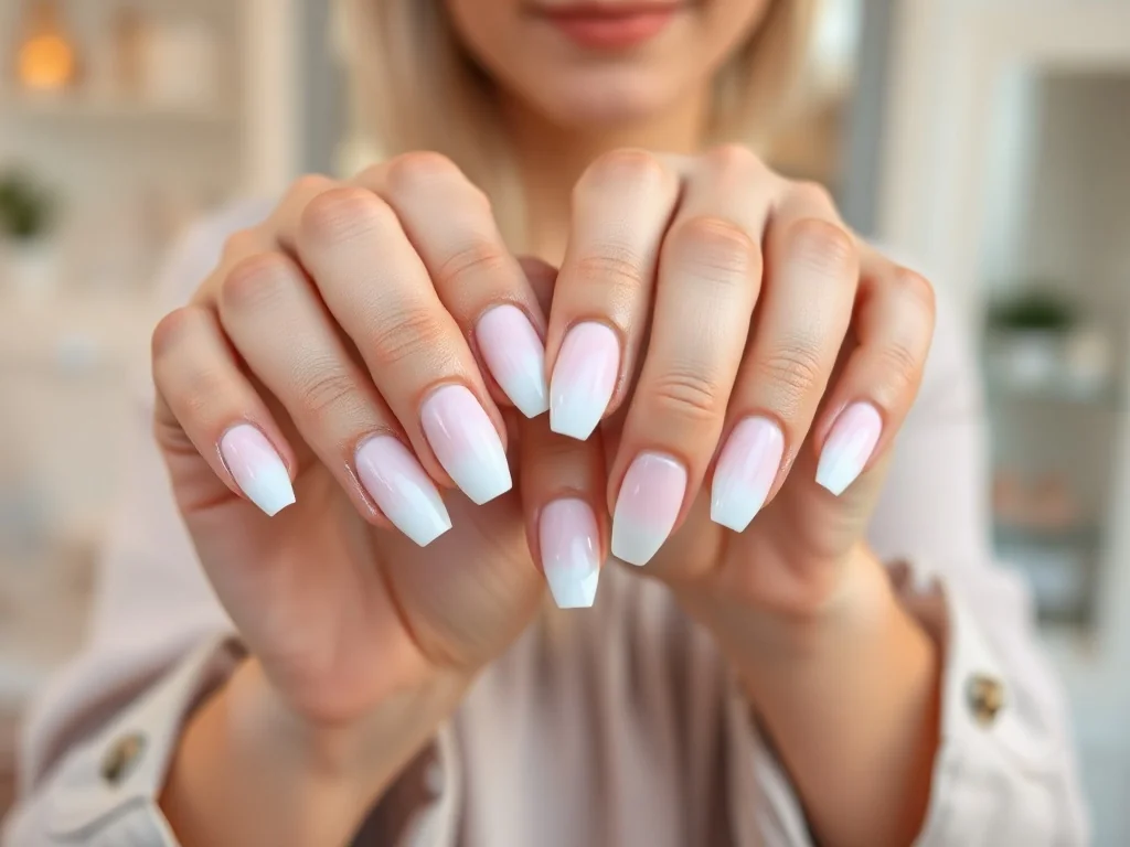 Dłonie z eleganckim manicure typu babyboomer z płynnym przejściem od różu do bieli w pastelowym salonie kosmetycznym.