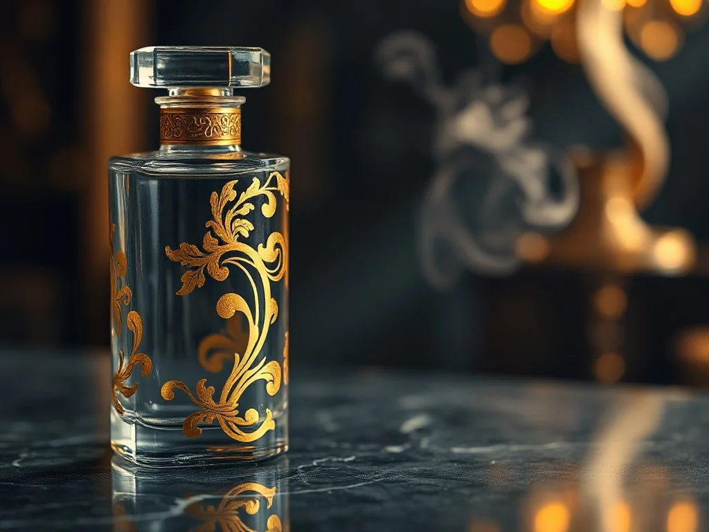 Elegancki flakon arabskich perfum ze złotymi zdobieniami na marmurowym tle, podkreślający luksusowy charakter zapachu.