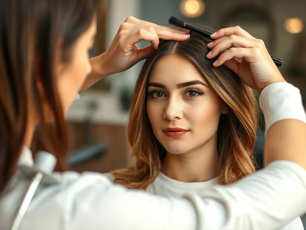 Fryzjerka wykonuje technikę face framing, rozjaśniając pasma włosów wokół twarzy klientki w nowoczesnym salonie.