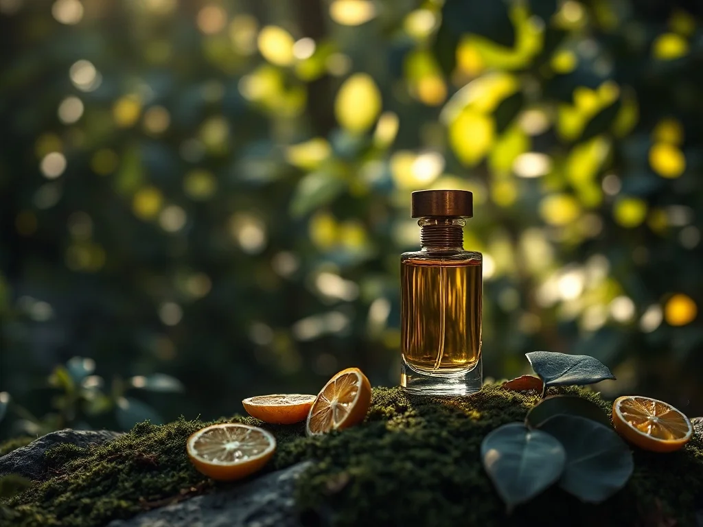 Szklany flakon perfum na mszystym kamieniu w otoczeniu składników szyprowych, podkreślający ziemisty charakter zapachu.