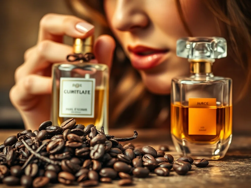 Kobieta wąchająca luksusowe perfumy w otoczeniu ziaren kawy, wanilii i czekolady, podkreślających nuty zapachowe gourmand.