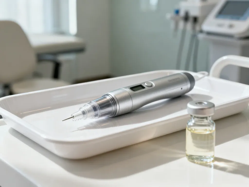 Profesjonalne urządzenie Dermapen oraz ampułka z serum na sterylnym podkładzie w nowoczesnym gabinecie medycyny estetycznej.