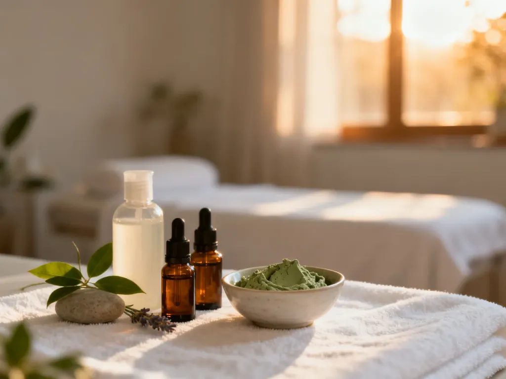 Zestaw naturalnych kosmetyków, olejków i glinki przygotowanych do profesjonalnego zabiegu body wrapping w salonie spa.