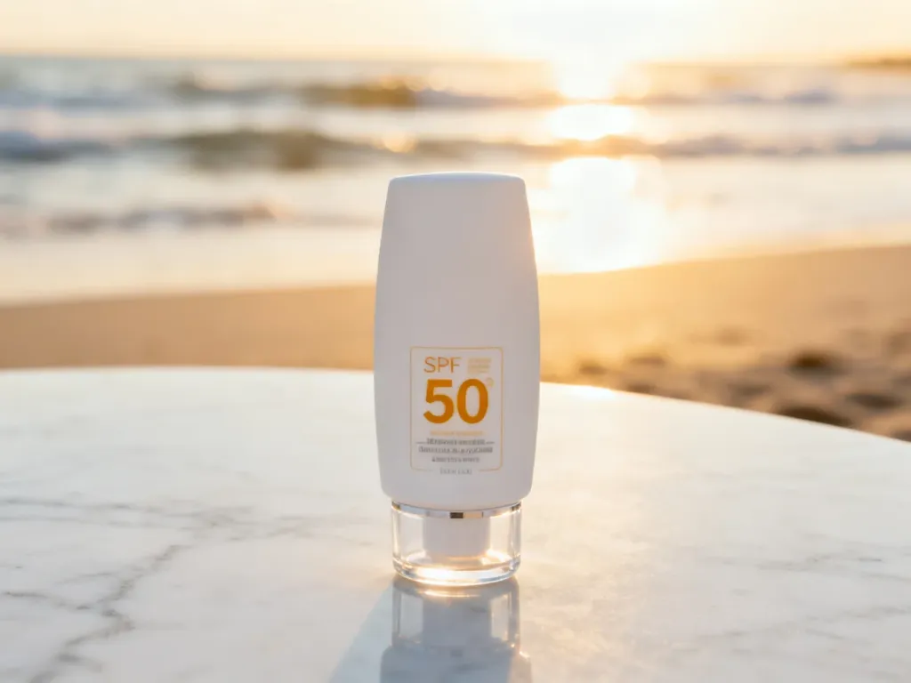 Biała butelka kremu z filtrem SPF 50 na marmurowym blacie z rozmytym widokiem na słoneczną plażę w tle.