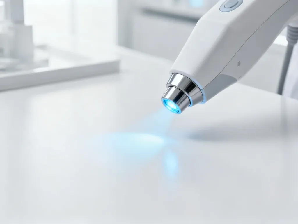 Głowica lasera medycznego emitująca delikatne niebieskie światło, symbolizująca nowoczesną technologię depilacji laserowej.
