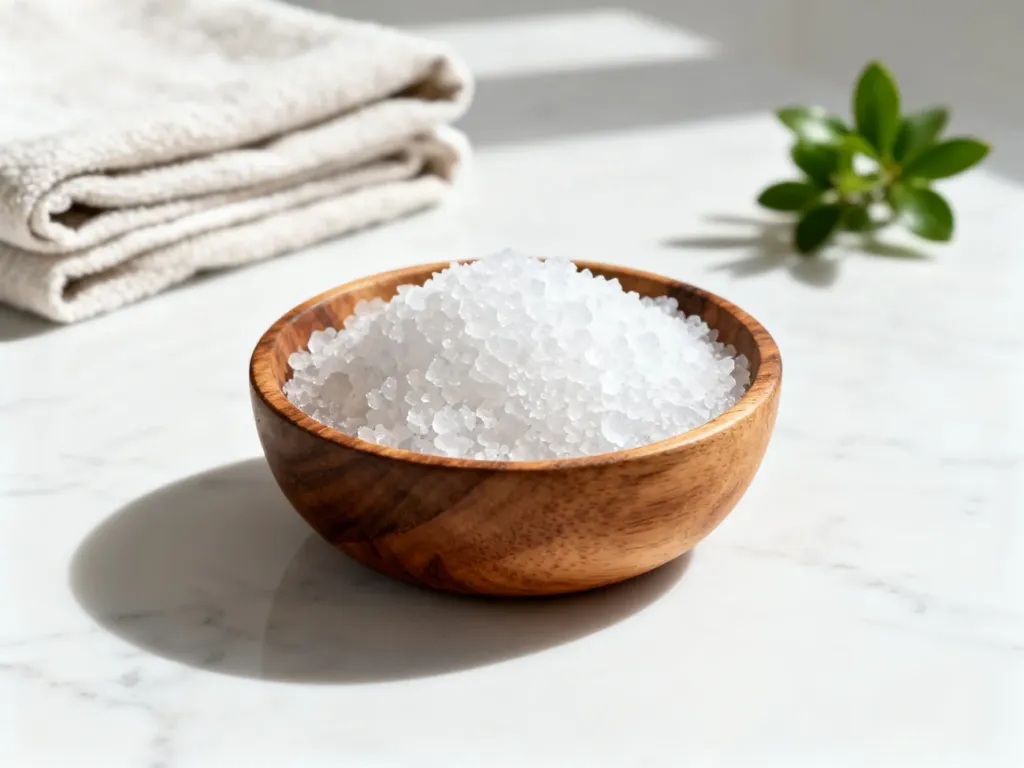 Naturalny peeling z soli morskiej w drewnianej miseczce na marmurowym blacie, w otoczeniu akcesoriów spa.