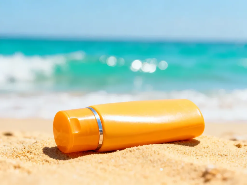 Elegancka butelka kremu z filtrem na piaszczystej plaży z turkusowym oceanem w tle, podkreślająca konieczność ochrony UV.