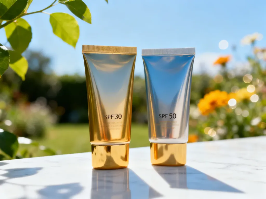 Dwie tubki kremu z filtrem SPF 30 i SPF 50 na marmurowym blacie, prezentujące wybór ochrony przeciwsłonecznej.