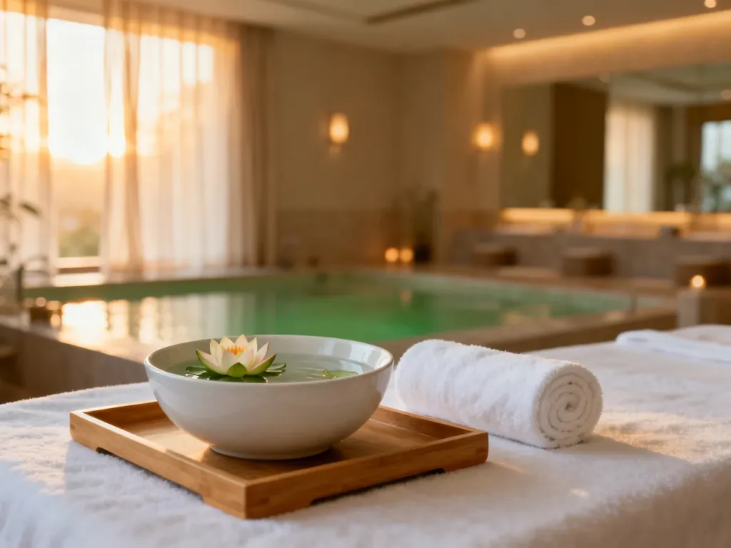 Minimalistyczne wnętrze spa z misą wody i kwiatami lotosu, tworzące atmosferę relaksu i odnowy biologicznej.
