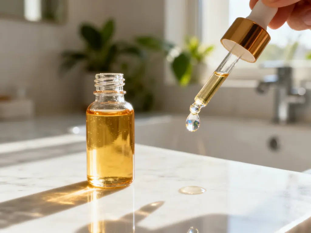 Szklana buteleczka ze złotym serum na marmurowym blacie, z widoczną kroplą preparatu gotową do aplikacji na skórę.