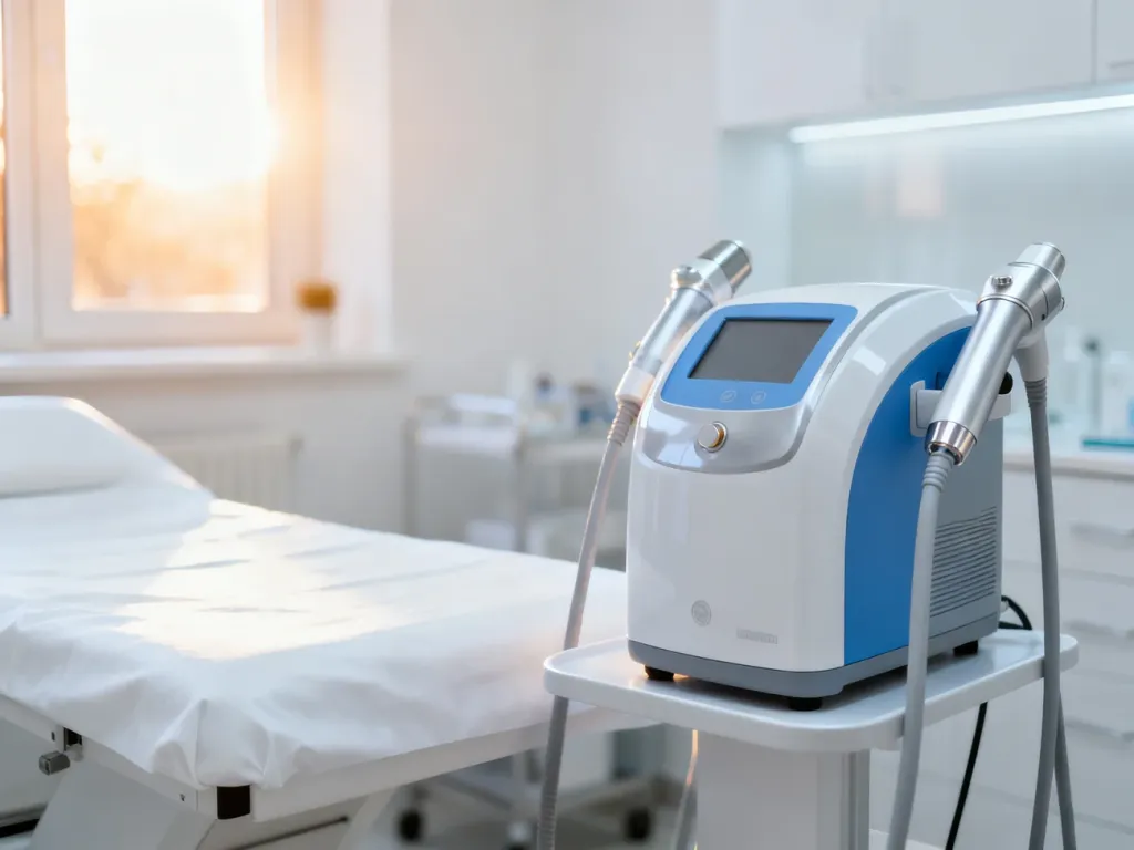 Nowoczesny laser medyczny w sterylnym gabinecie zabiegowym, gotowy do profesjonalnego usuwania włókniaków.